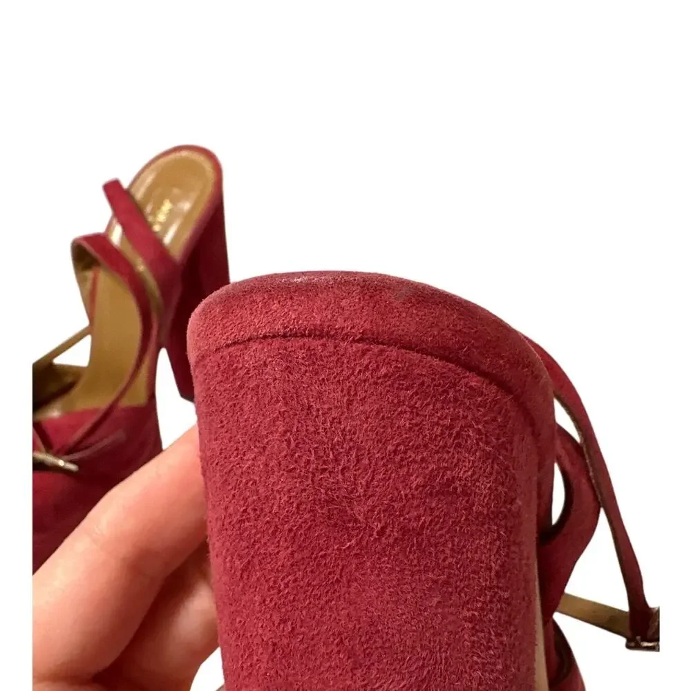Aquazzura Mira Red Suede Platform Heels IT 37.5 US 7.5 Block Slingback Sandals